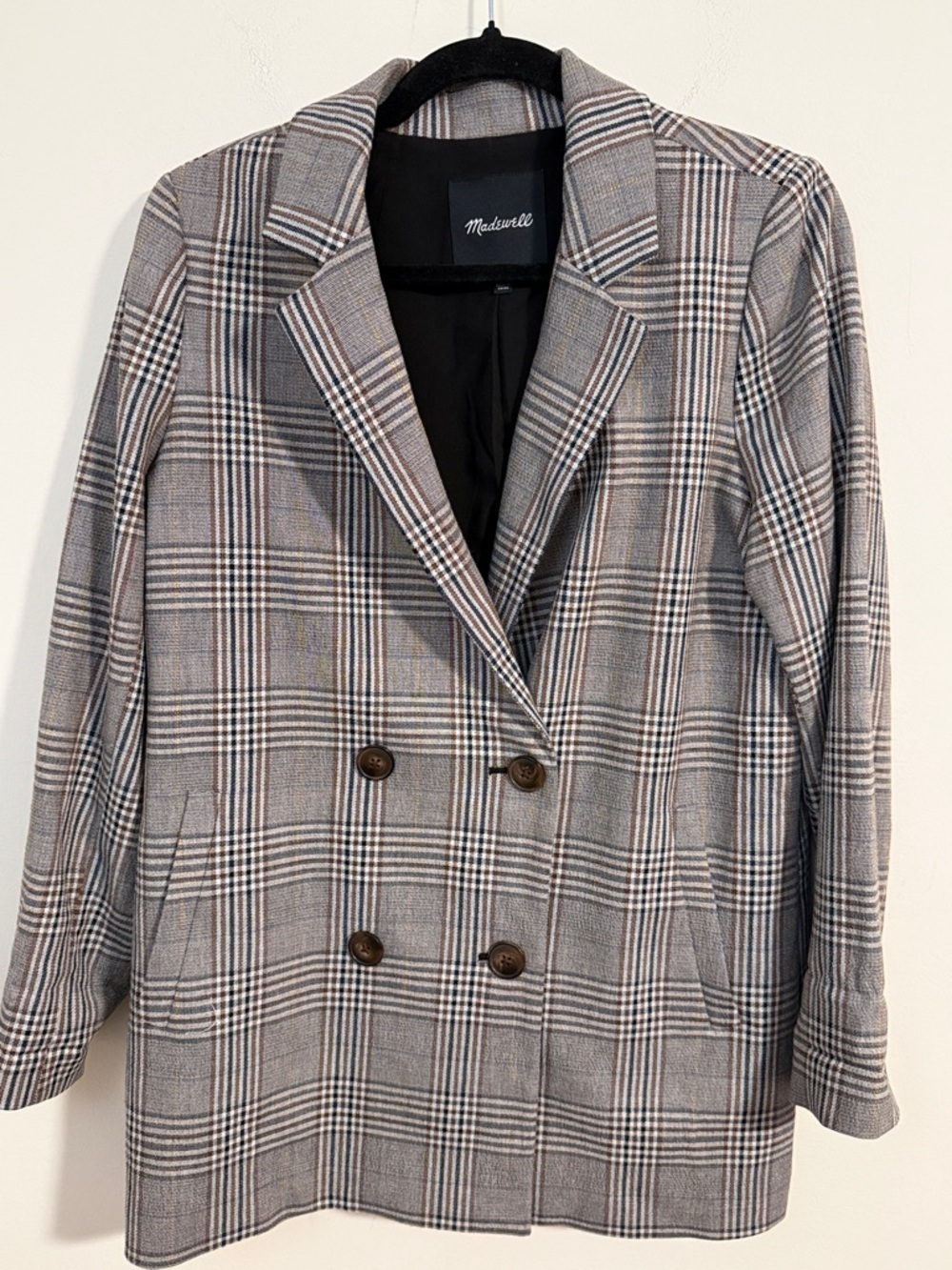 Madewell Caldwell Plaid Double-Breasted Blazer with Brown Button Accents size s